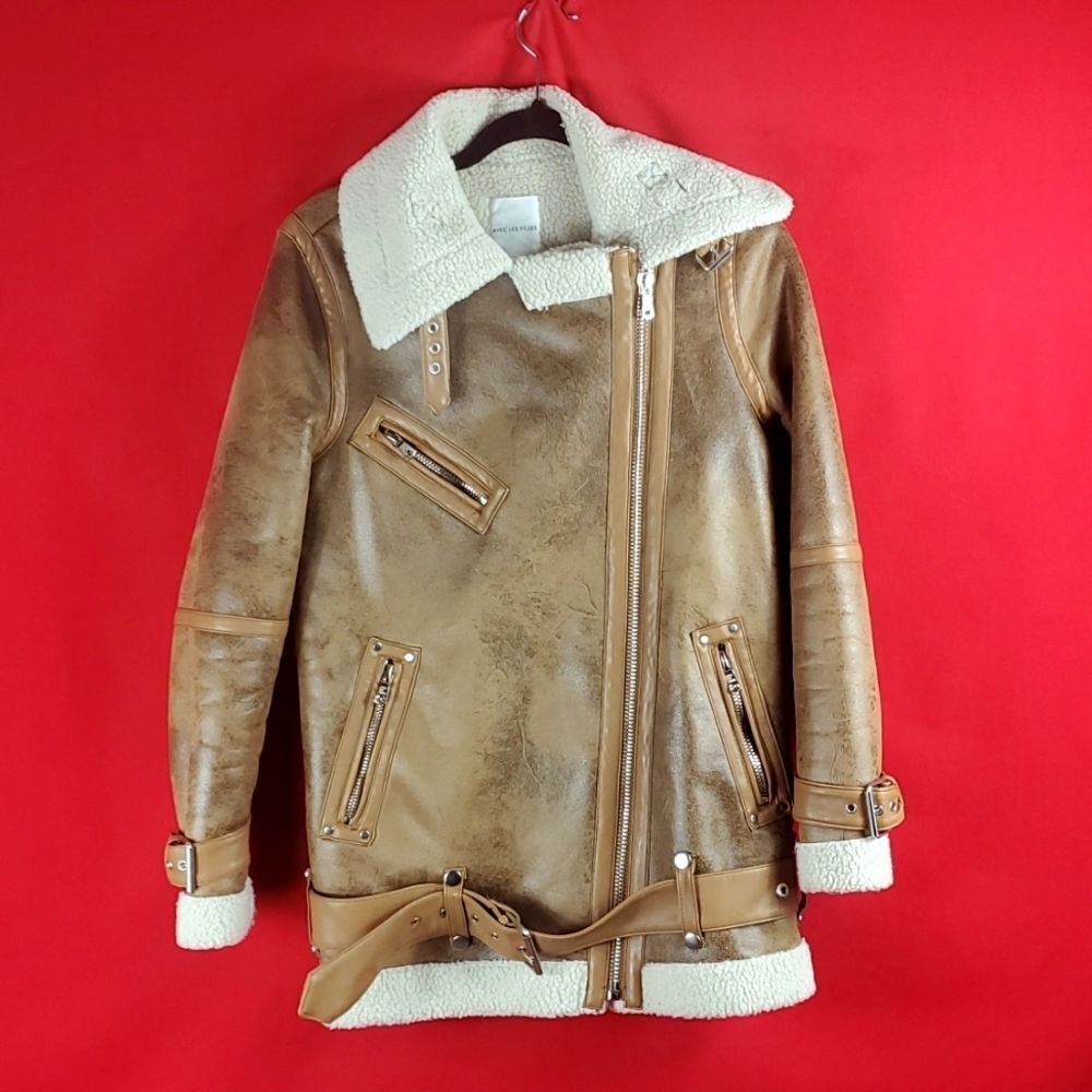 Avec Les Filles Brown Shearling-Trim Faux Leather Moto Jacket with Cream Collar